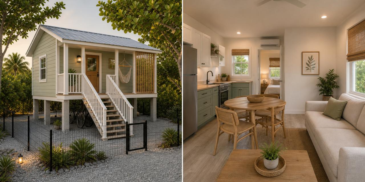 The Sea Grape, the first private villa, shown from the garden and inside its bright living space